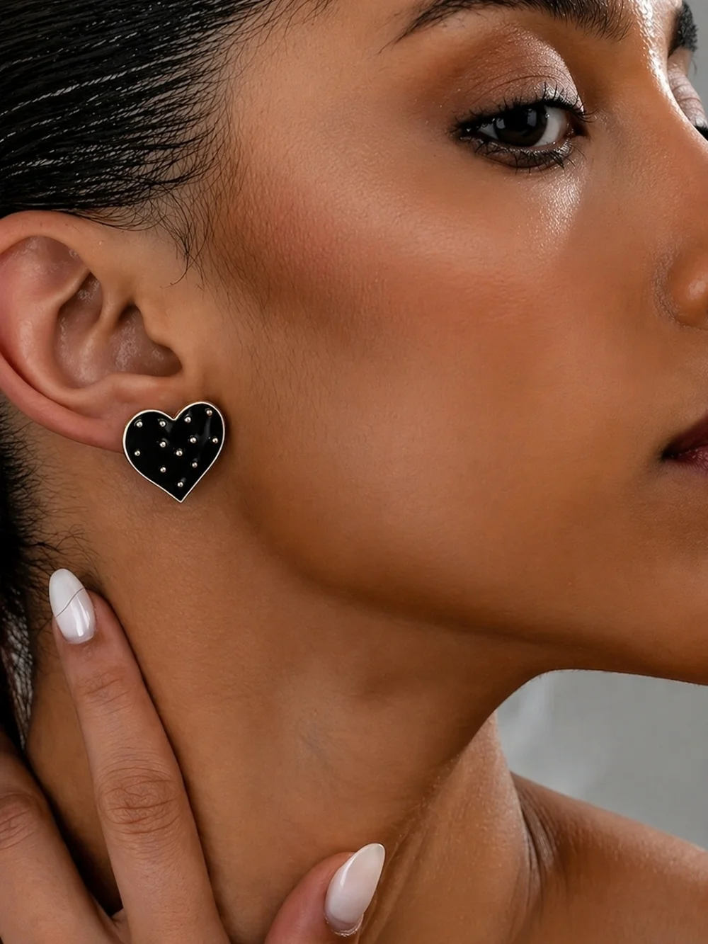 Black Heart With Gold Polkadots Stud Earrings 14k Gold Plated